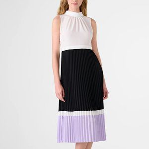 Silky Crepe Pleated Color Block Midi Dress